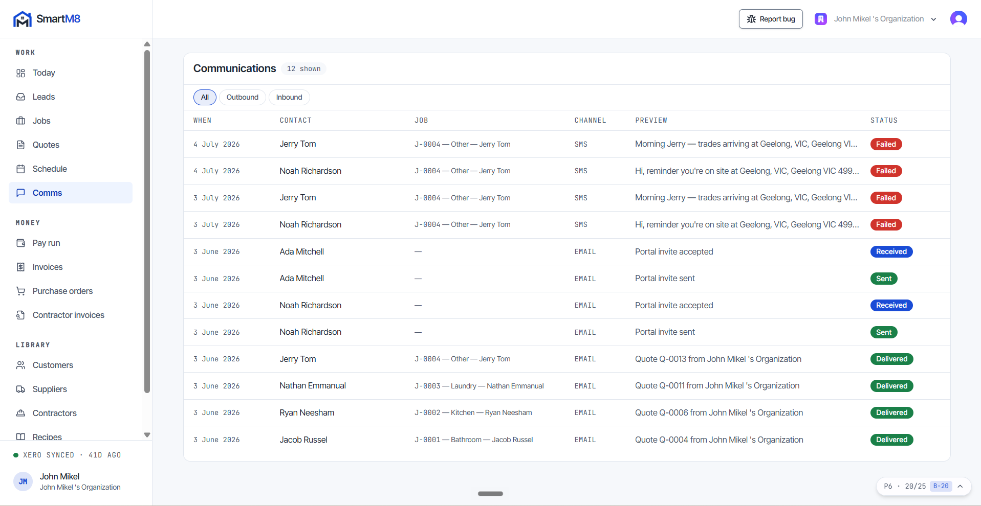 The SmartM8 communications hub. A log lists every SMS and email sent or received against a job, with the channel, direction, delivery status and timestamp. A message composer sits alongside, with a picker for reusable templates.