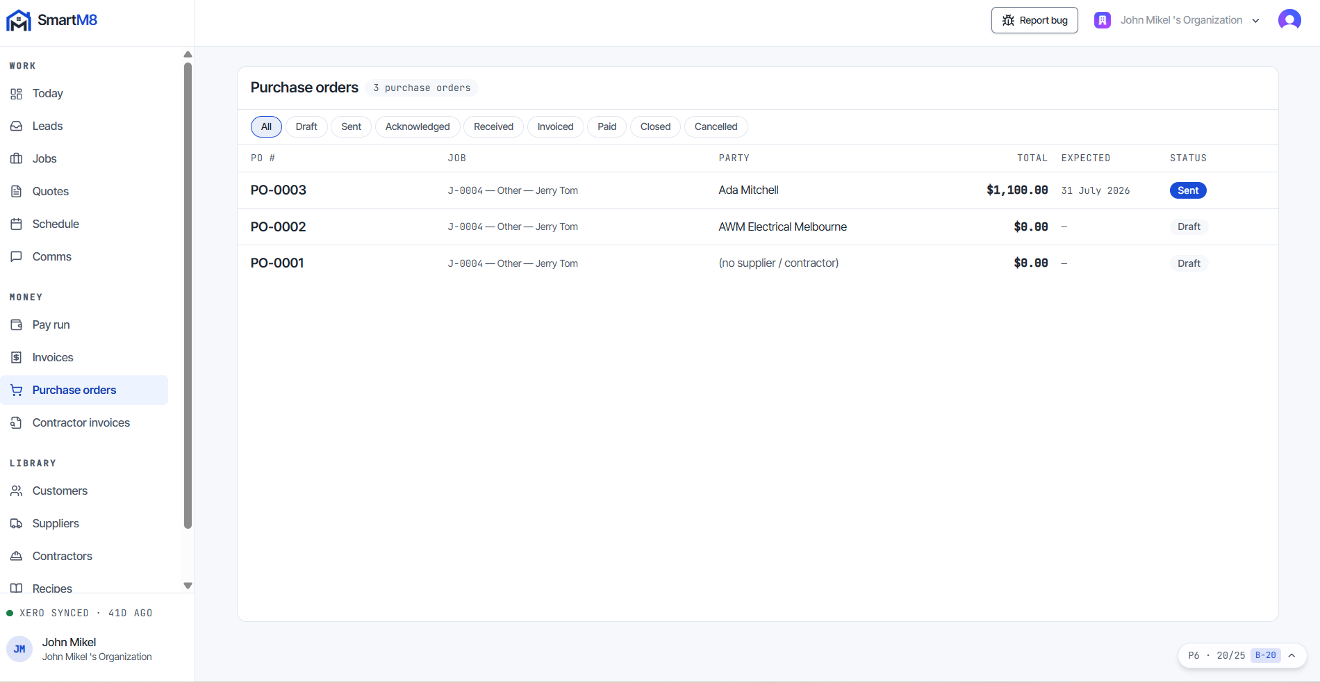 The SmartM8 purchase orders list. Each row shows the PO number, the supplier or contractor it was raised against, the job it belongs to, its status through the draft, sent and received lifecycle, and its value — the committed cost that feeds each job’s budget.