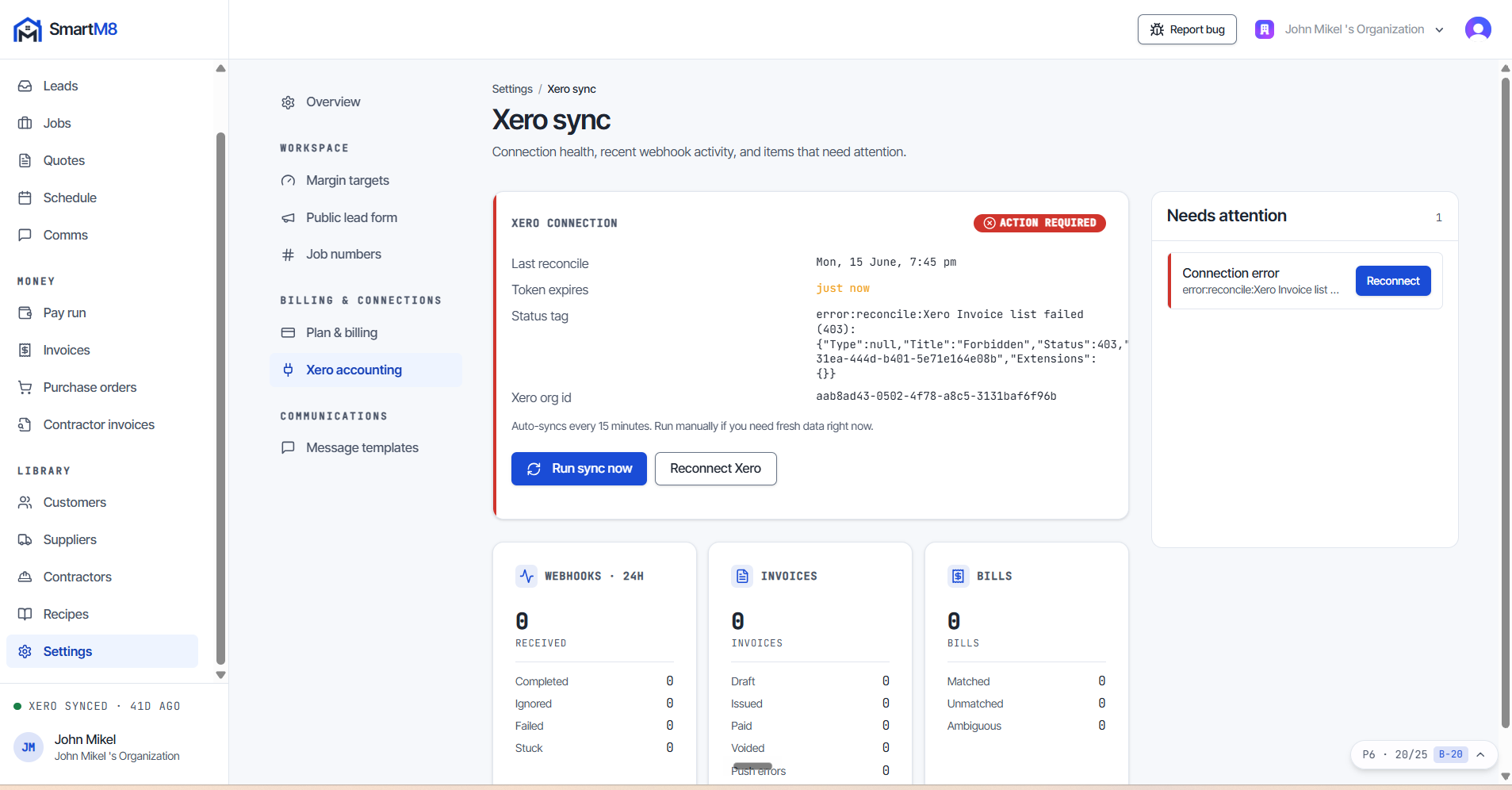 The SmartM8 Xero sync settings. A connection panel reports the health of the link and when it last reconciled, beside counters for webhooks received in the last 24 hours and for invoices and bills by state — draft, issued, paid, matched and unmatched — plus a list of items needing attention.